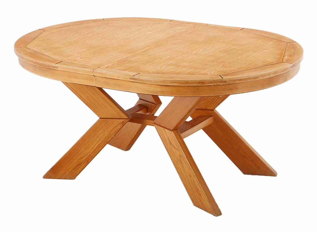 OBLONG FRENCH ELM DINING TABLE WITH TWO LEAVES IN THE MANNER OF PIERRE CHAPO C 1970.: Oblong French elm dining table with two leaves in the manner of Pierre Chapo C 1970. Extends to 98.75" Leaves: 17.25" Each Ht: 30" Wd: 64.25" Dpth: 45.25"