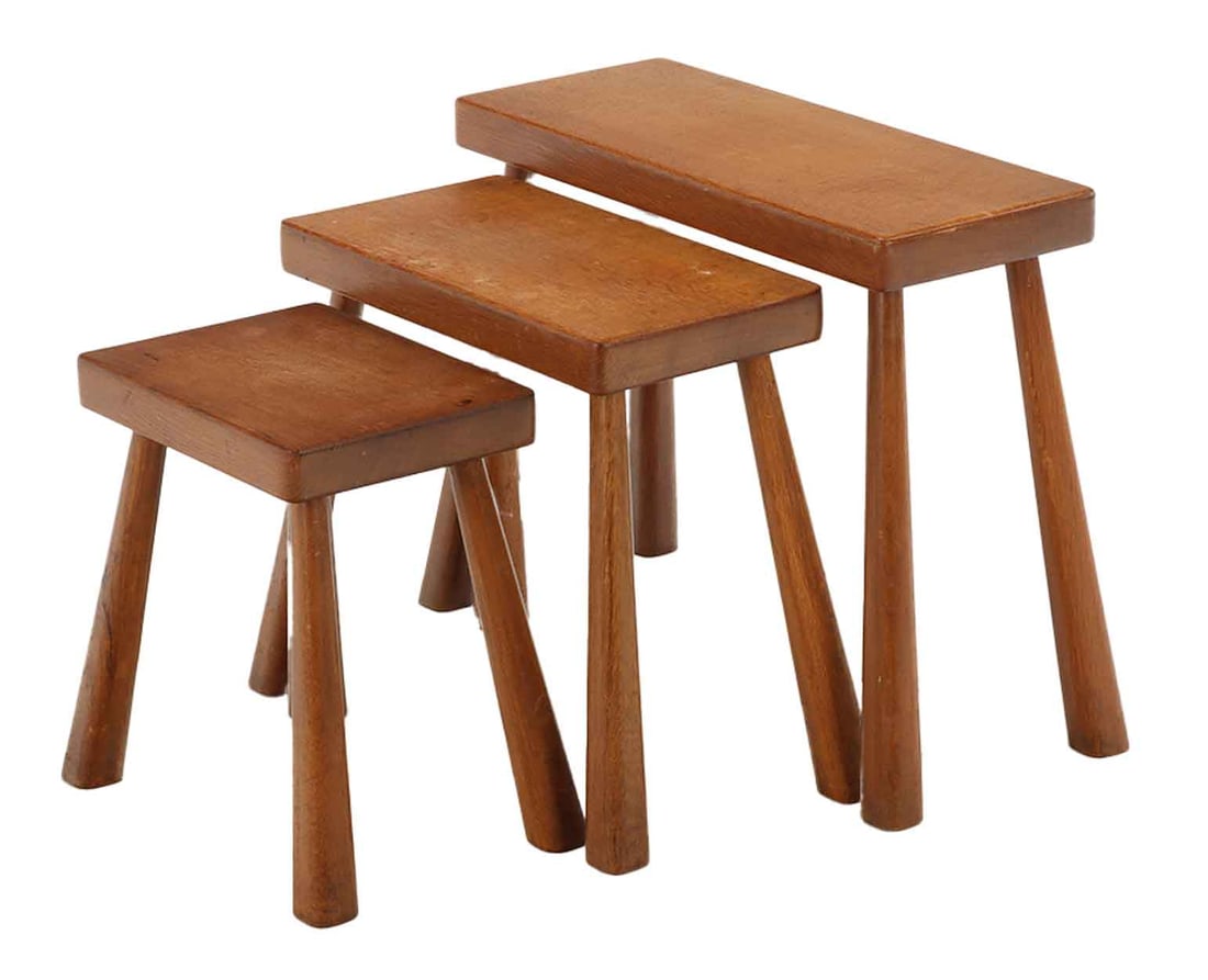 FRENCH OAK NEST OF THREE TABLES IN THE MANNER OF JEAN ROYERE C 1955. (1 of 5)