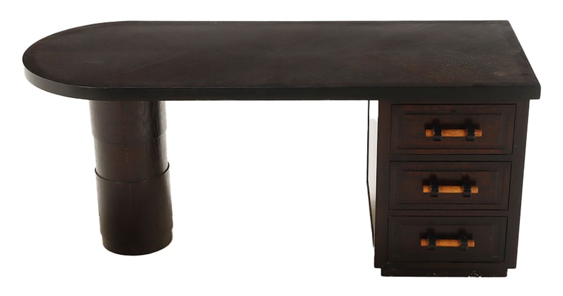 FRENCH OAK DESK WITH ROUND COLUMN BASE BY CHARLES DUDOUYT C 1940. DISMANTLES FOR TRANSPORT. (1 of 7)