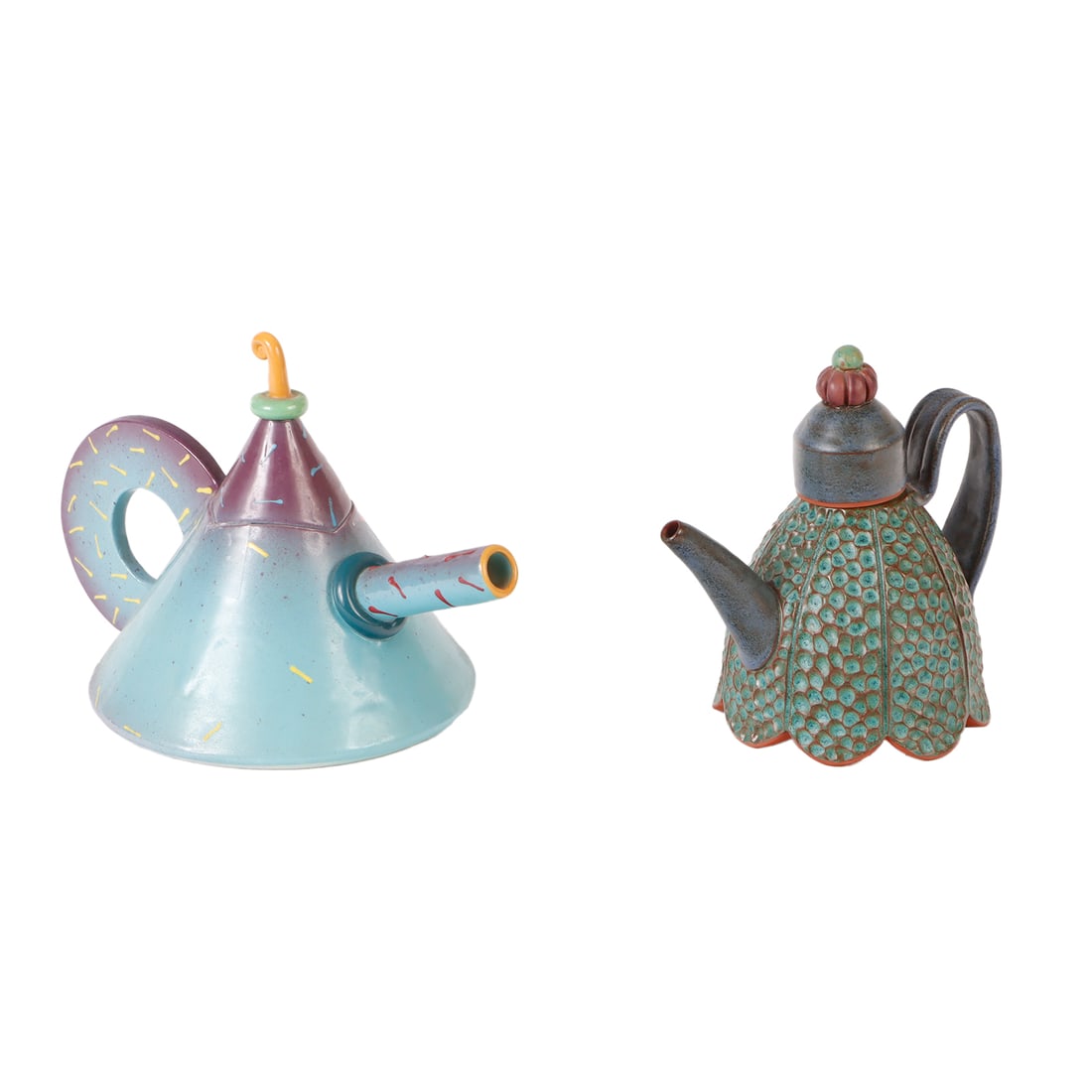 TWO PIECES POST-MODERN CERAMIC TEAPOTS INCLUDING SANDI PIERANTOZZI AND L. CHELIAI, C 1990. (1 of 9)