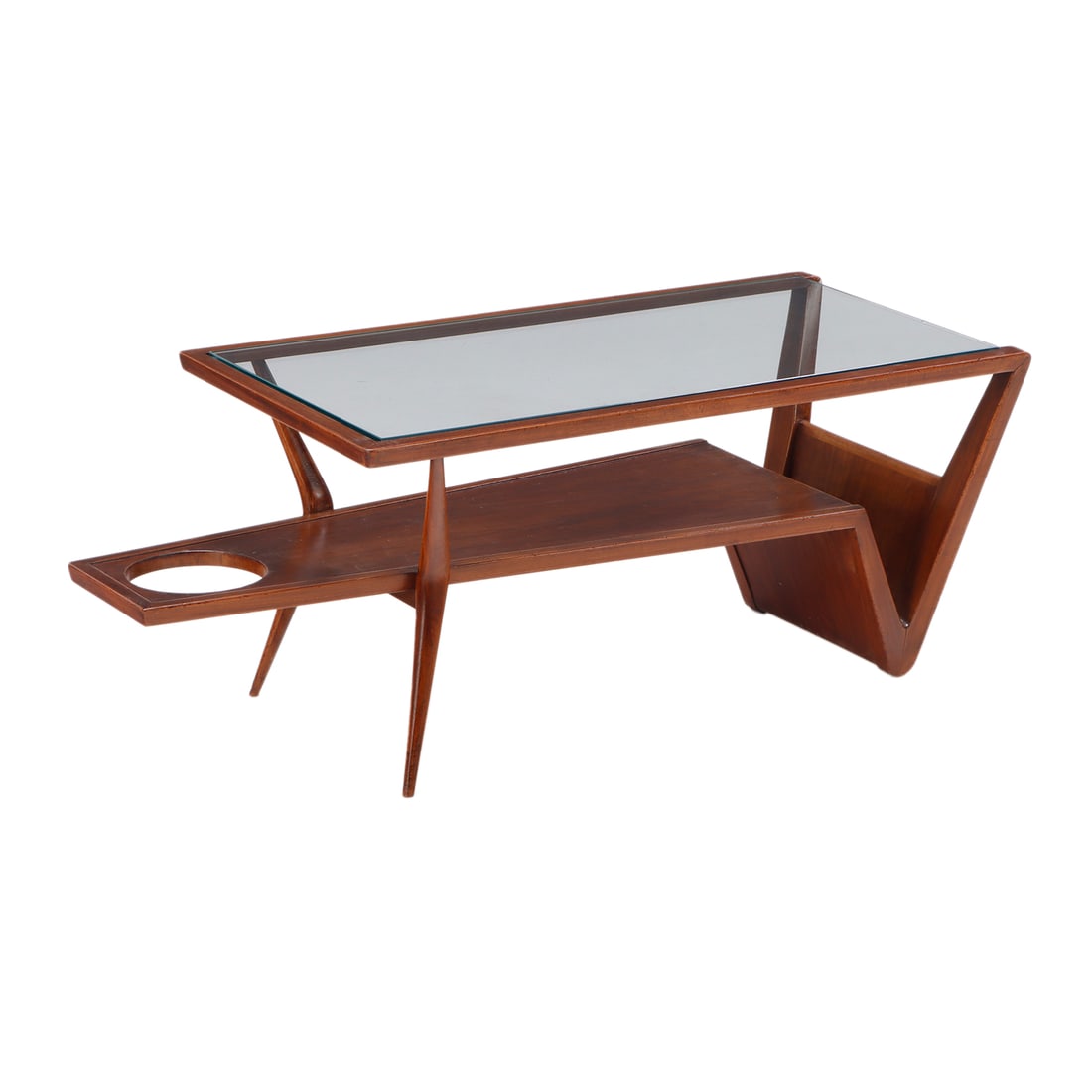 WALNUT AND GLASS COFFEE TABLE WITH ANGULAR DESIGN AND MAGAZINE STORAGE C 1960. (1 of 7)