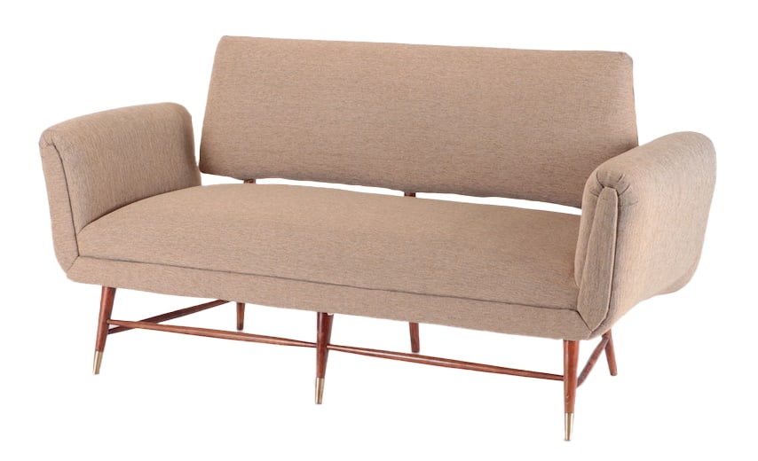 AN INTERESTING MID CENTURY MODERN SOFA WITH STRETCHER BASE AND RECENT UPHOLSTERY.: An interesting mid century modern sofa with stretcher base and recent upholstery. Ht: 34" Wd: 68.5" Dpth: 25.5" Seat: 18.5"