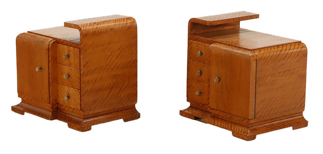 PAIR ART DECO NIGHT STANDS WITH VIBRANT WOOD GRAIN C 1940. (1 of 6)