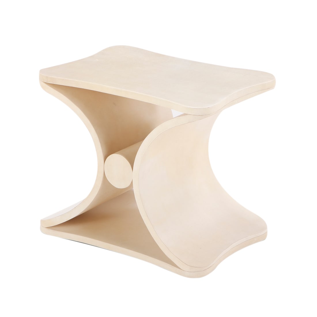 A PARCHMENT COVERED STOOL OR END TABLE IN THE MANNER OF JEAN-MICHEL FRANK. (1 of 5)