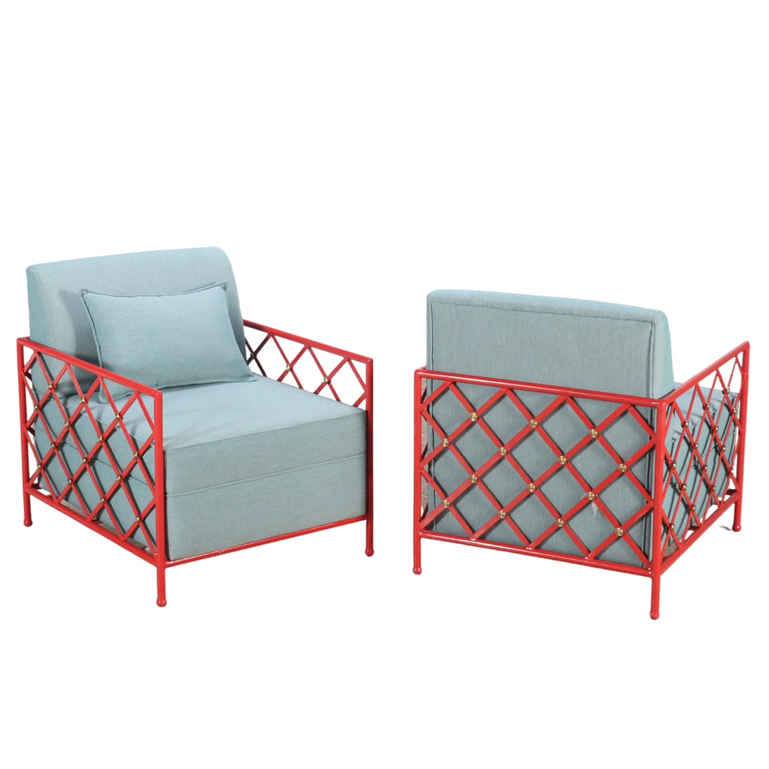 PAIR PAINTED IRON AND BRASS CLUB CHAIRS WITH LOOSE CUSHION UPHOLSTERY IN THE MANNER OF JEAN ROYERE. (1 of 6)