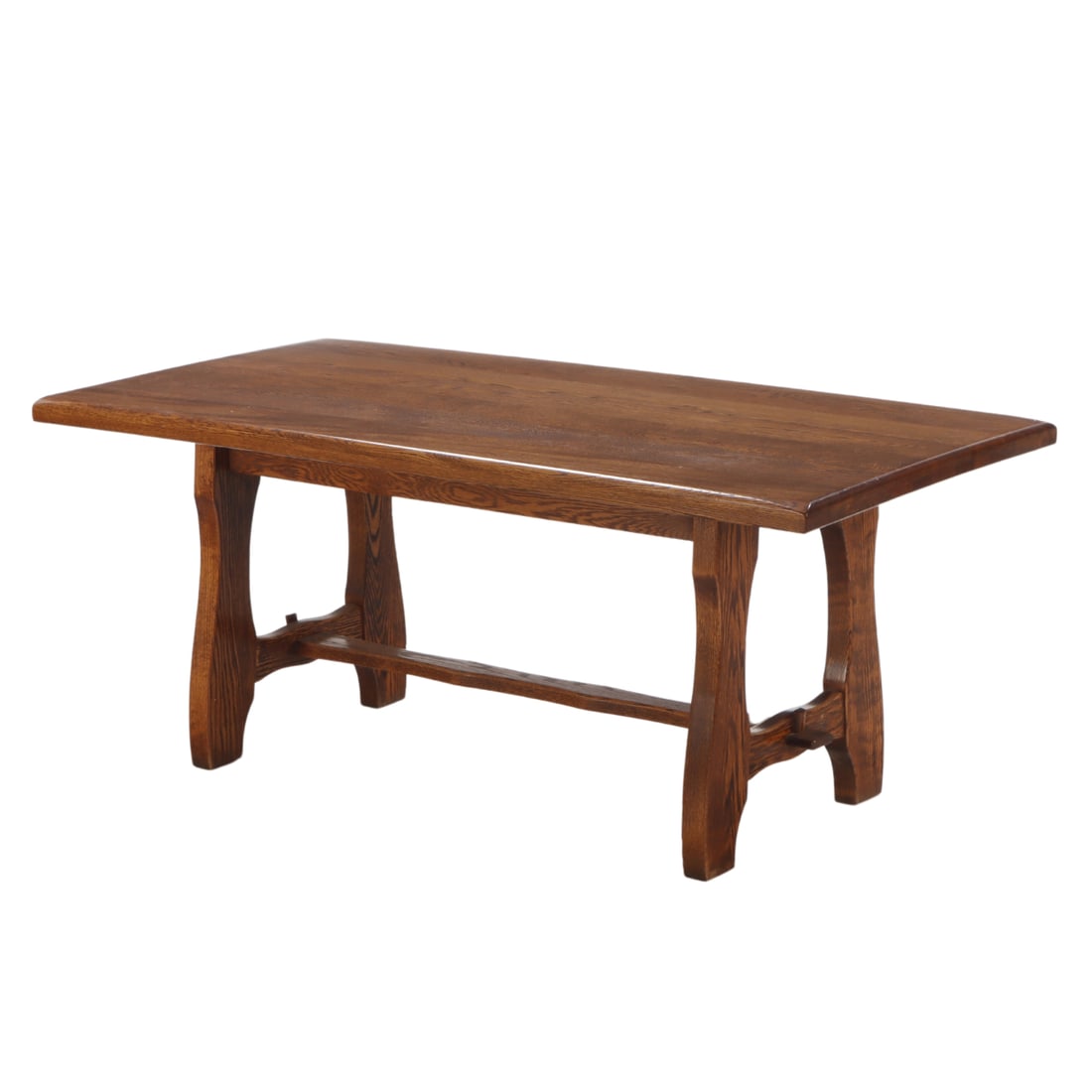 FRENCH ELM TABLE HAVING AN INTERESTING BASE WITH SIMULATED FREE EDGE STRETCHER C 1965. (1 of 5)