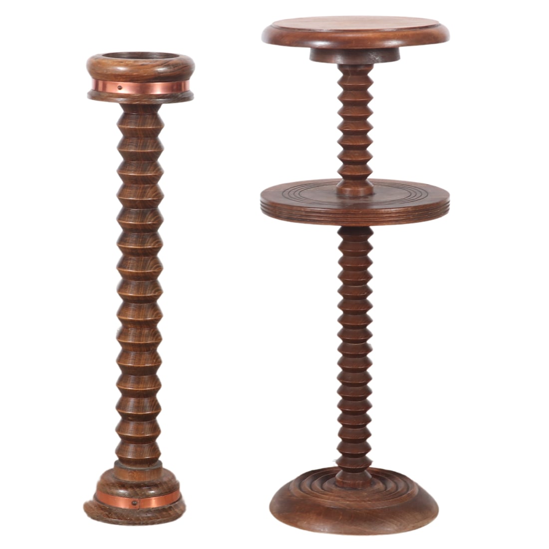 A TURNED PLANT STAND AND PEDESTAL C 1940 IN THE MANNER OF CHARLES DUDOUYT.: A turned plant stand and pedestal C 1940 in the manner of Charles Dudouyt. Ht: 25.5" Dia: 9.5" (Largest)