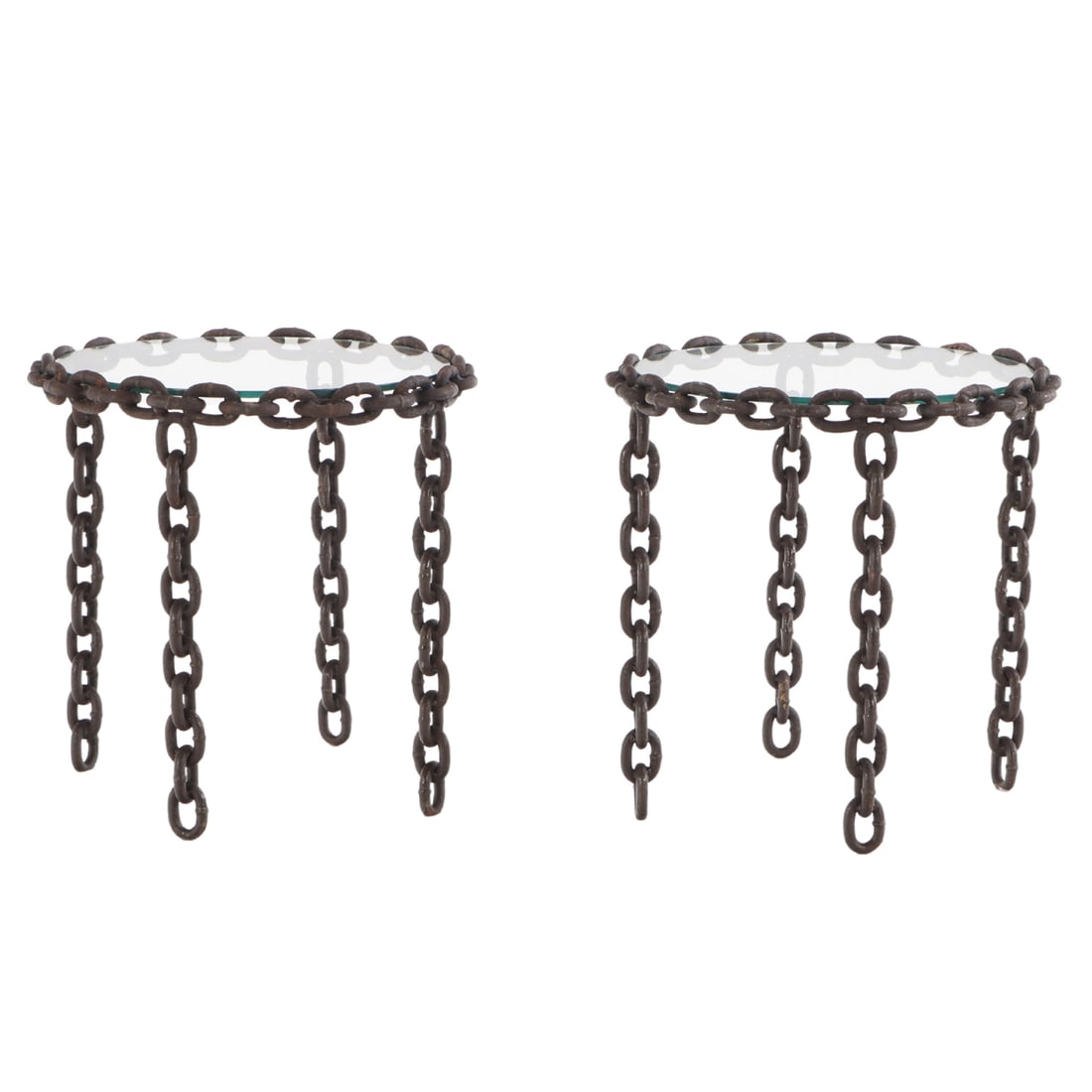 PAIR OF BRUTALIST STYLE IRON CHAIN LINK GLASS TOP END TABLES. (1 of 6)