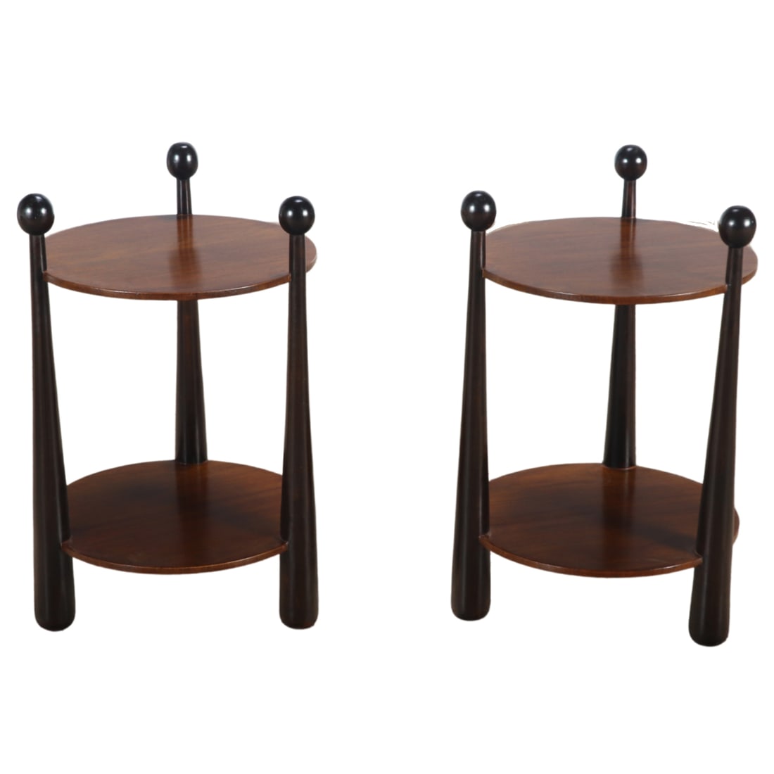 PAIR OF TWO TIERED END TABLES WITH EBONIZED STANDARDS. (1 of 6)
