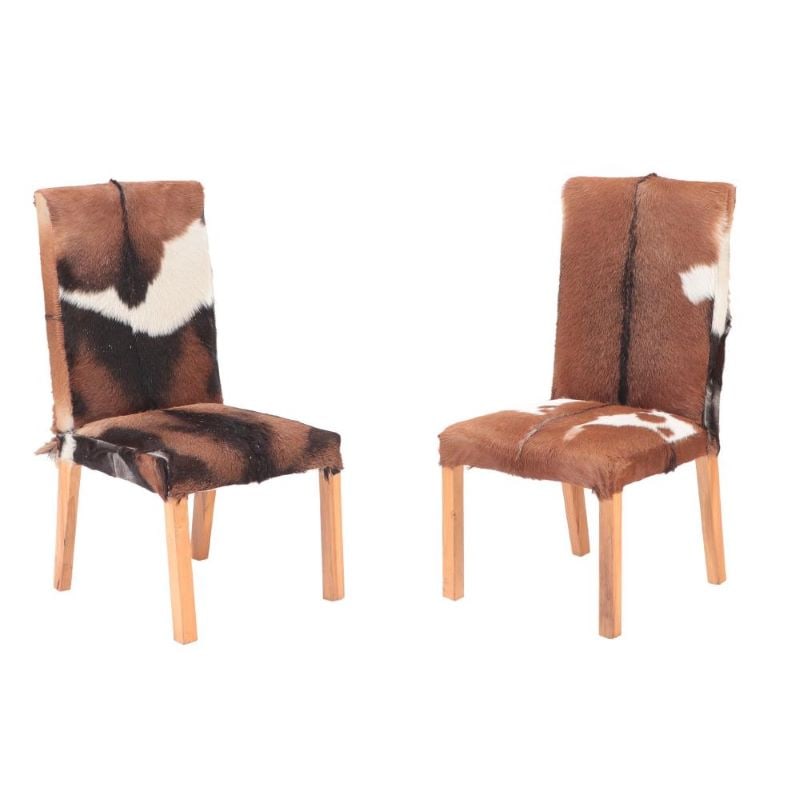 A PAIR OF STYLISH WOOD SIDE CHAIRS UPHOLSTERED IN GENUINE COWHIDE (1 of 8)