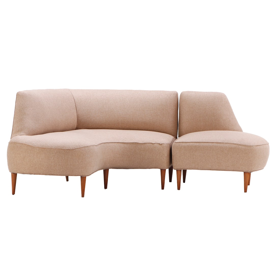 TWO PIECE ASYMETRIC SOFA C 1950 HAVING NEW FABRIC. PIECES CAN BE SPERATED.: Two piece asymetric sofa C 1950 having new fabric. Pieces can be sperated. Ht: 31" Wd: 74" Dpth: 54" Seat: 18"