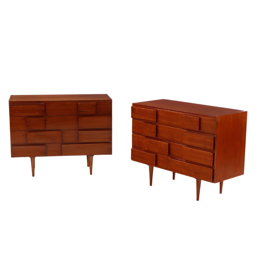 MAHOGANY FOUR DRAWER DRESSER HAVING RAISED PANEL DECORATION IN THE MANNER OF GIO PONTI. (1 of 5)