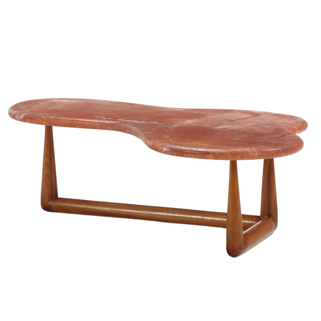 BIOMORPHIC MARBLE TOP TABLE ON WALNUT BASE IN THE MANNER OF ROBBSJOHN GIBBINGS. (1 of 4)