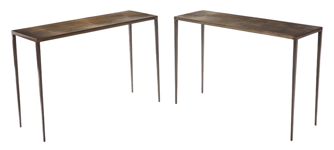 PAIR IRON CONSOLE TABLES HAVING A BRONZE WASH AND CIRCULAR DECORATION.: Pair iron console tables having a bronze wash and circular decoration. Ht: 31" Wd: 45.25" Dpth: 15"