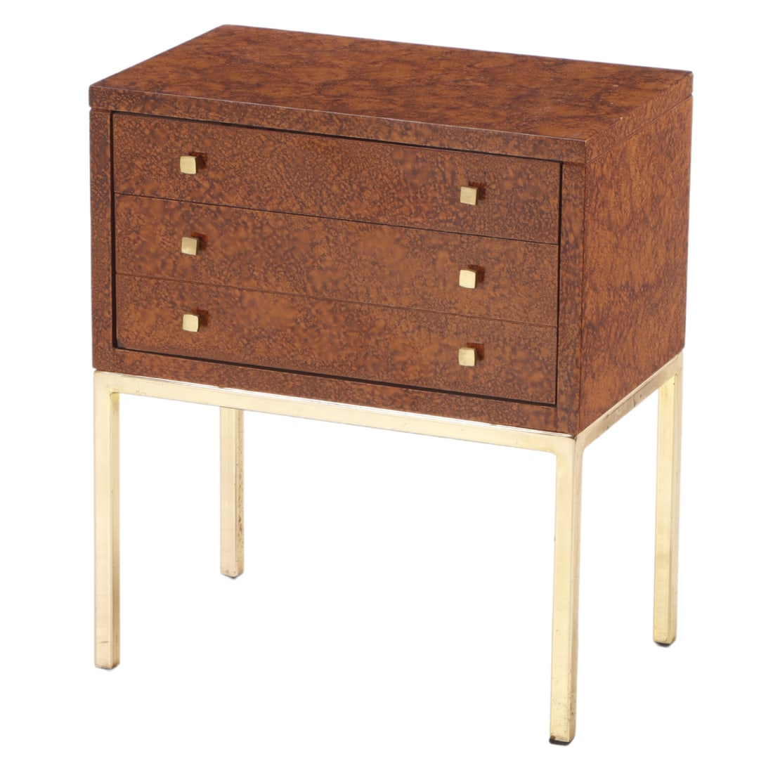 BURL WALNUT AND BRASS PLATED THREE DRAWER CABINET C 1970. (1 of 7)