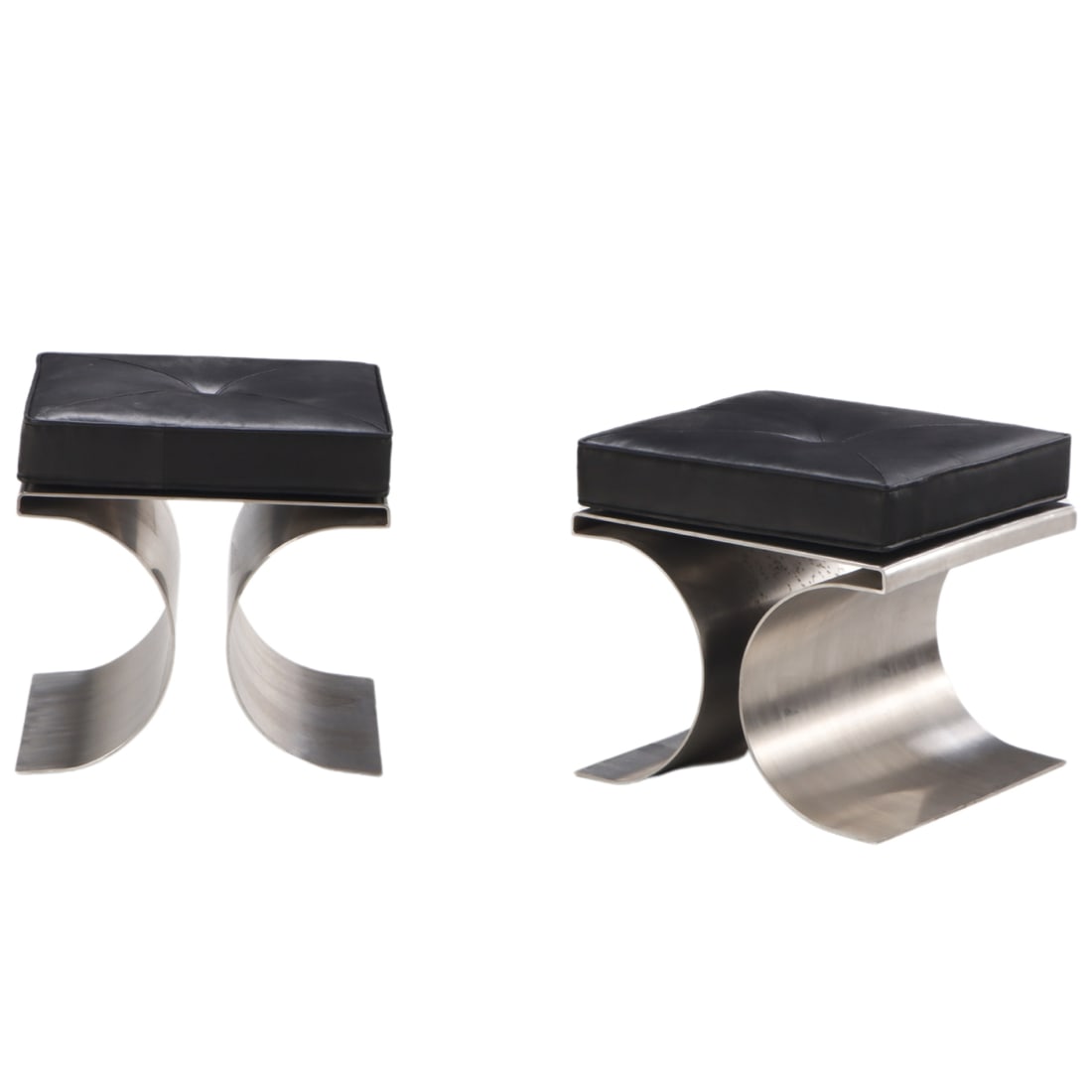 PAIR STAINLESS STEEL AND LEATHER BENCHES ATTRIBUTED TO MICHEL BOYER. (1 of 5)