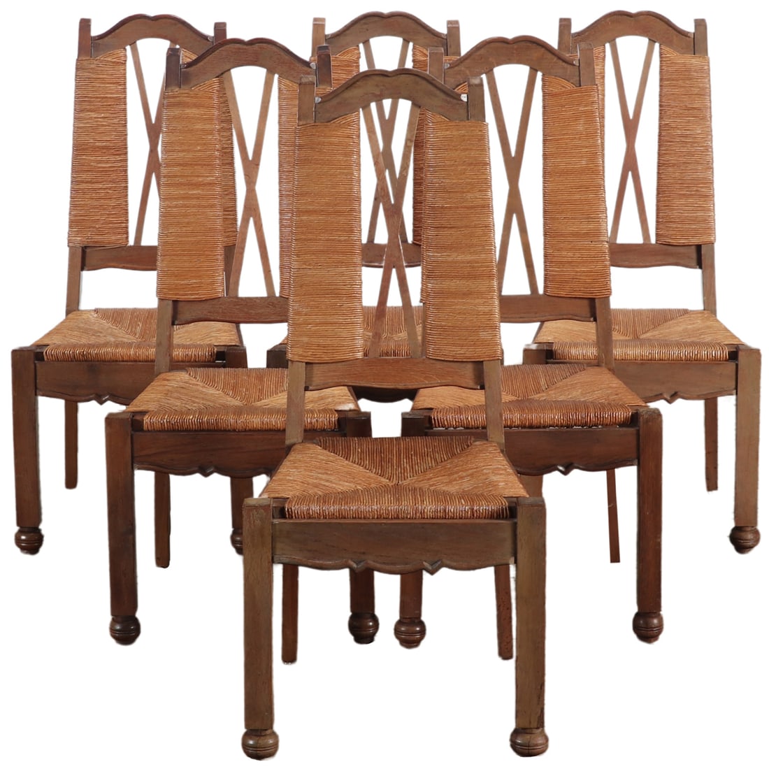 SIX FRENCH OAK DINING CHAIRS WITH X FORM BACK AND WOVEN PANELS C 1940. (1 of 8)
