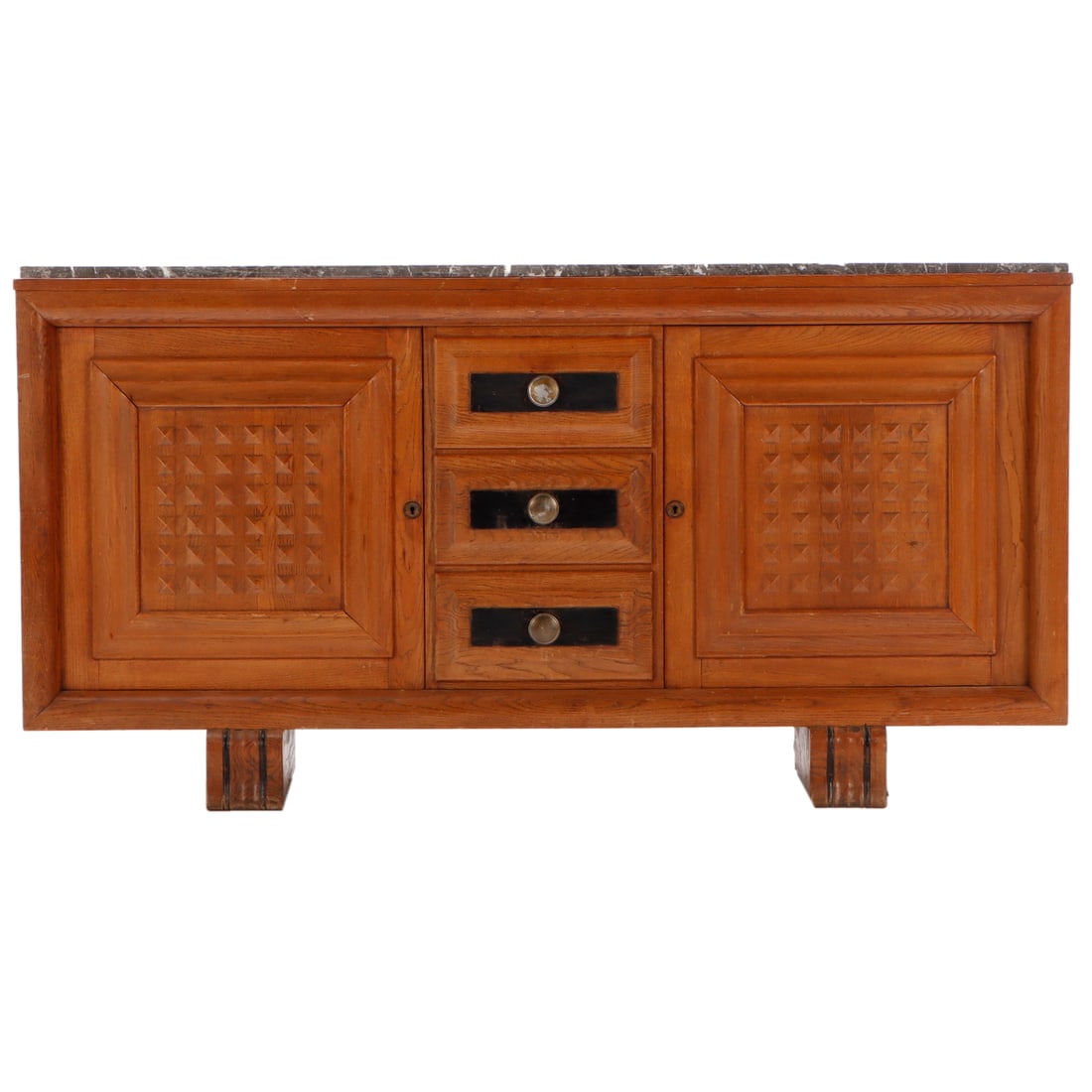 FRENCH OAK SIDEBOARD HAVING GEOMETRIC DESIGN AND MARBLE TOP C 1940 IN THE MANNER OF DUDOUYT.: French oak sideboard having geometric design and marble top C 1940 in the manner of Dudouyt. Ht: 40" Wd: 77" Dpth: 20"