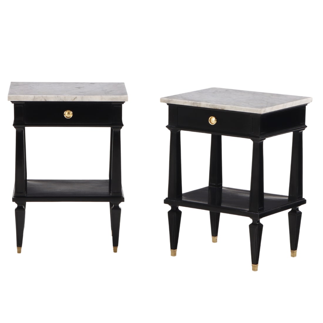 PAIR EBONIZED MARBLE TOP NIGHT STANDS WITH BRONZE HARDWARE IN THE MANNER OF ANDRE ARBUS C1950. (1 of 6)