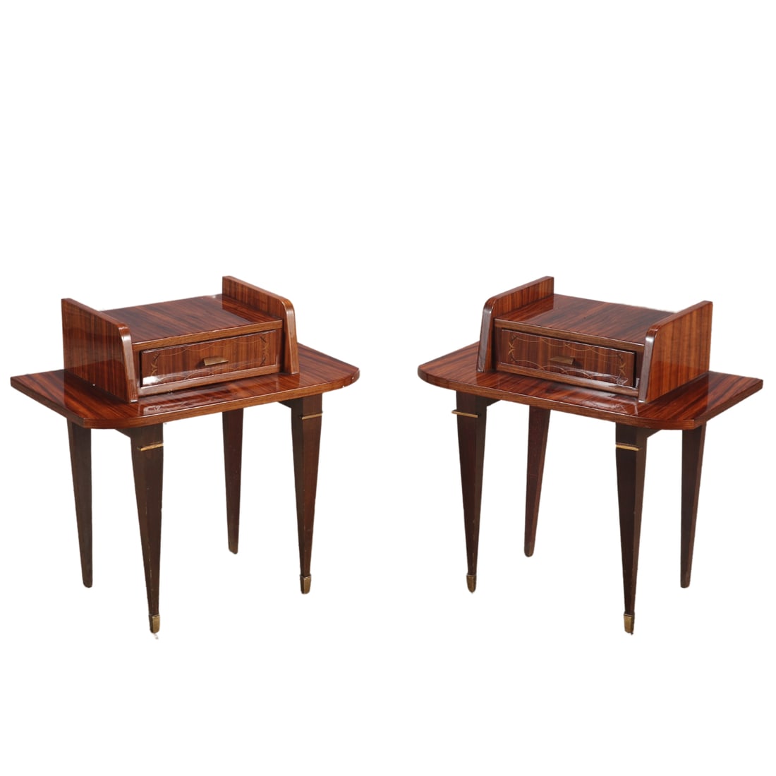 PAIR FRENCH MACASSAR INLAID TABLES HAVING A SINGLE DRAWER AND BRONZE MOUNTS C 1950. (1 of 7)