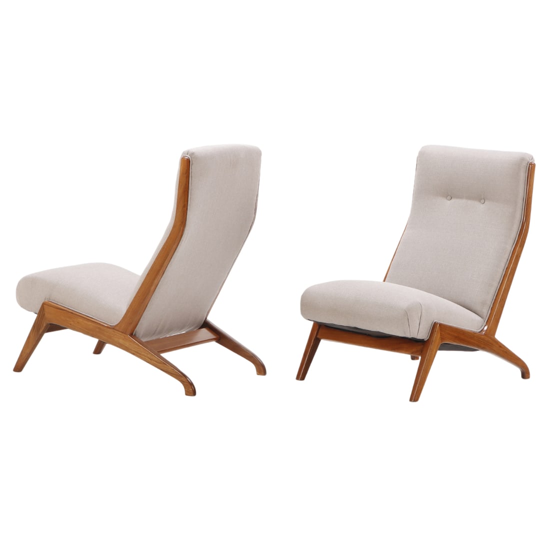 PAIR MAHOGANY OVERSIZED SLIPPER CHAIRS C 1960 WITH NEW FABRIC. (1 of 6)