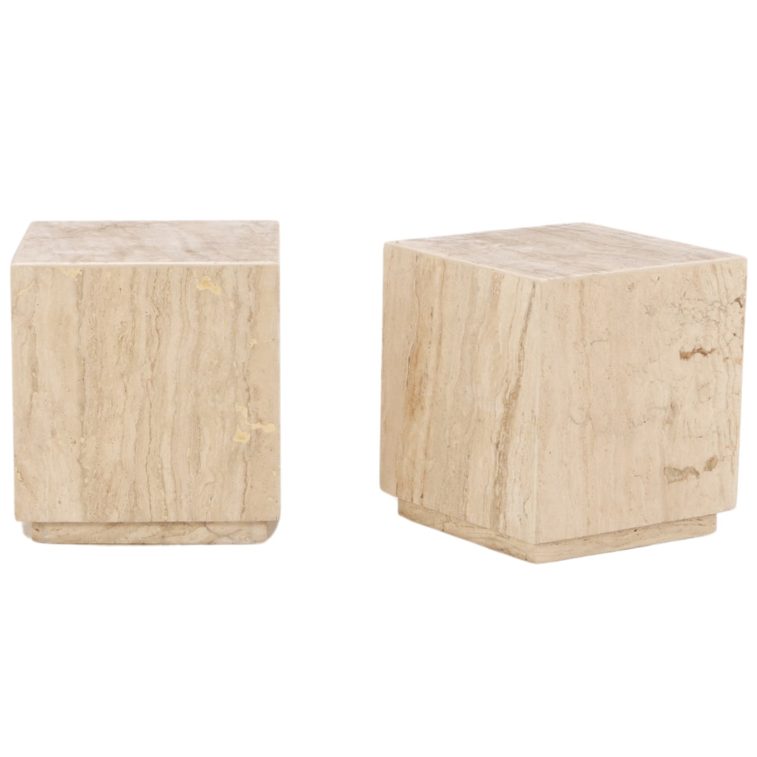 PAIR OF ITALIAN TRAVERTINE END TABLES WITH RECESSED BASE. (1 of 4)