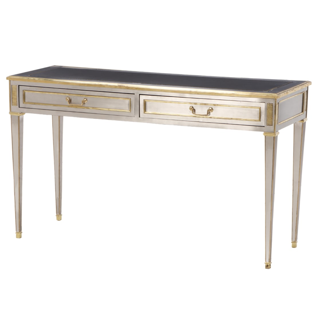 RARE STEEL AND BRASS CONSOLE TABLE HAVING TWO DRAWERS AND TOOLED LEATHER TOP IN THE MANNER OF (1 of 7)
