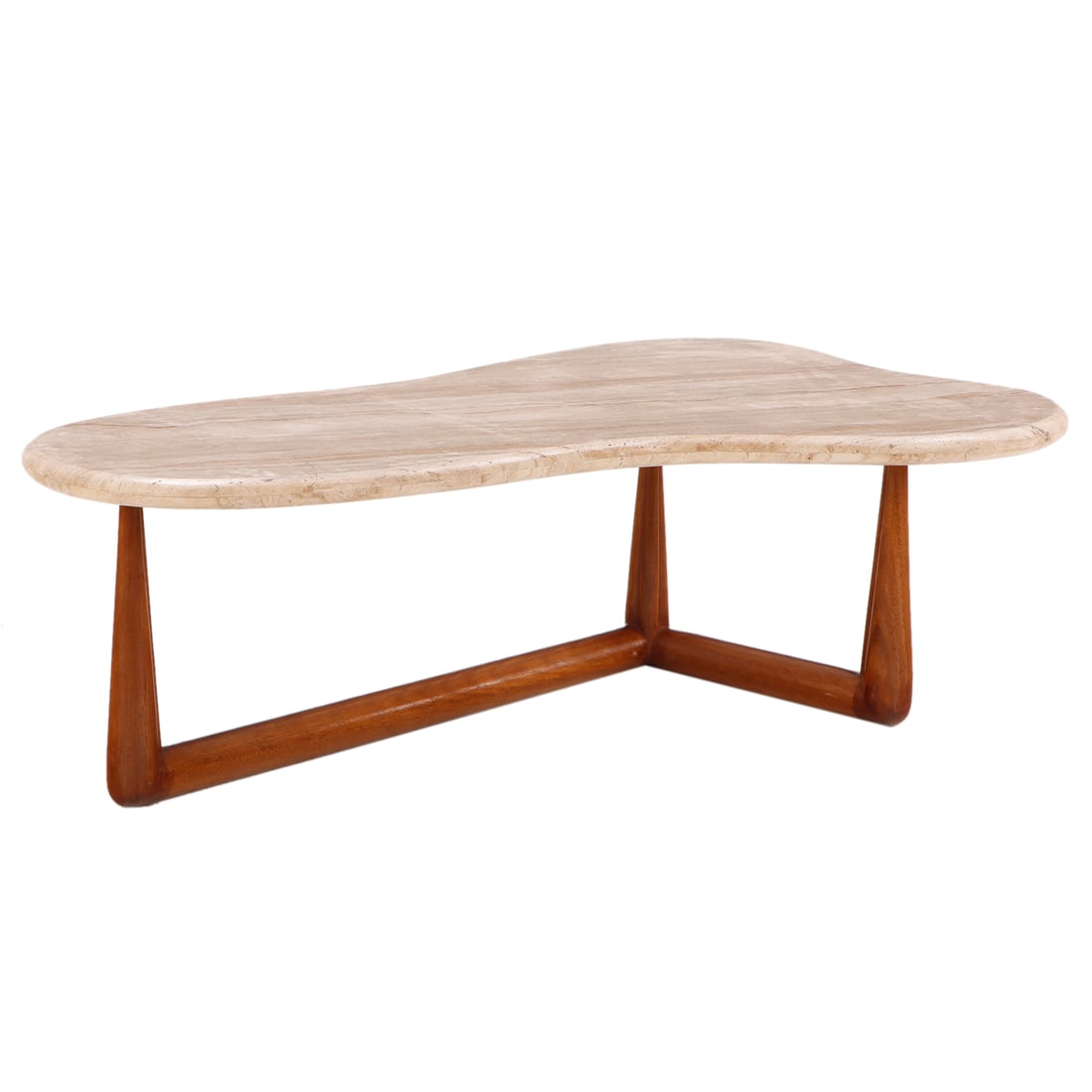 MAHOGANY AND MARBLE TOP BIOMORPHIC COFFEE TABLE IN THE MANNER OF ROBSJOHN GIBBINGS. (1 of 5)