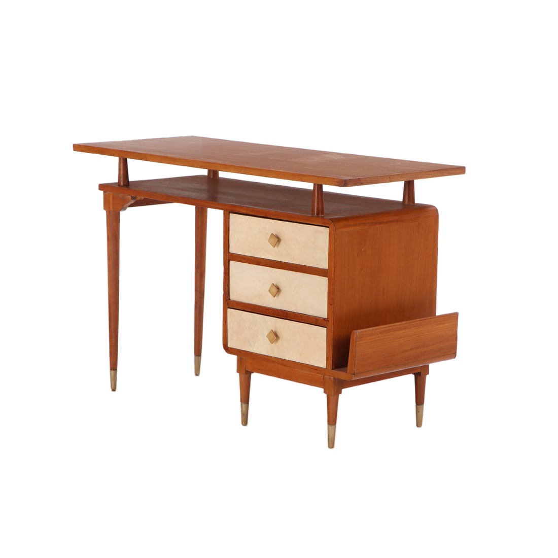 MAHOGANY AND PARCHMENT WRITING DESK WITH THREE DRAWERS IN THE MANNER OF GIO PONTI C 1950. (1 of 6)