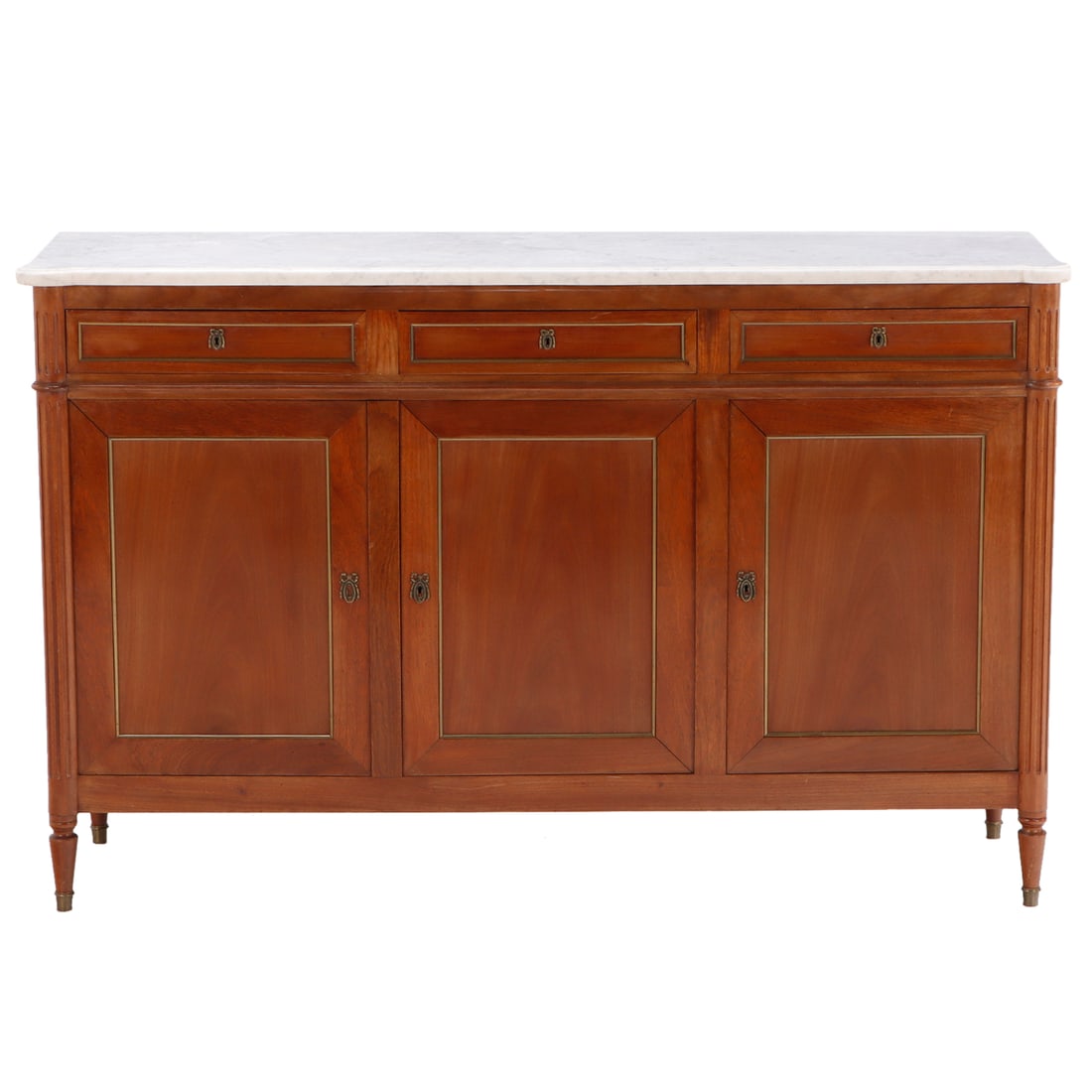 FRENCH LOUIS XVI STYLE MAHOGANY MARBLE TOP SIDEBOARD HAVING THREE DOORS WITH BRASS TRIM: French Louis XVI style mahogany marble top sideboard having three doors with brass trim through out C 1950. Ht: 40.5" Wd: 64" Dpth: 18.75"