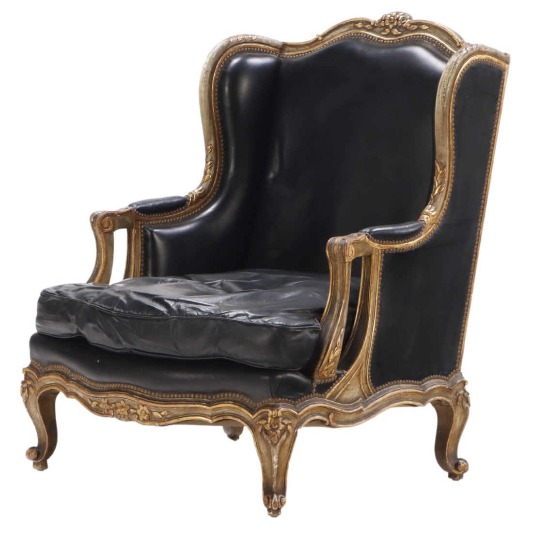 LARGE SCALE FRENCH GILTWOOD AND LEATHER BERGER CHAIR IN THE LOUIS XV STYLE C 1930. (1 of 7)