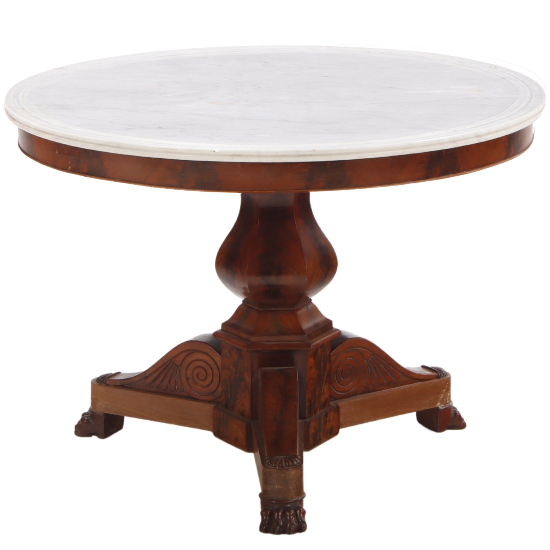 FRENCH EMPIRE CROTCH MAHOGANY CENTER TABLE WITH MARBLE TOP C 1860. (1 of 7)
