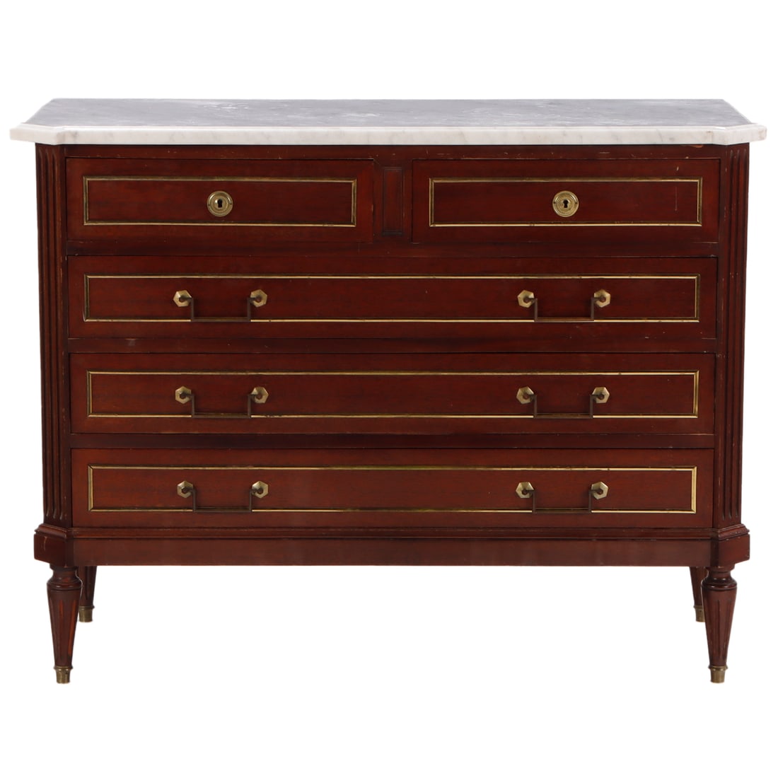 FRENCH MAHOGANY LOUIS XVI STYLE BRONZE MOUNTED MARBLE TOP DRESSER HAVING FIVE DRAWERS C 1940. (1 of 9)