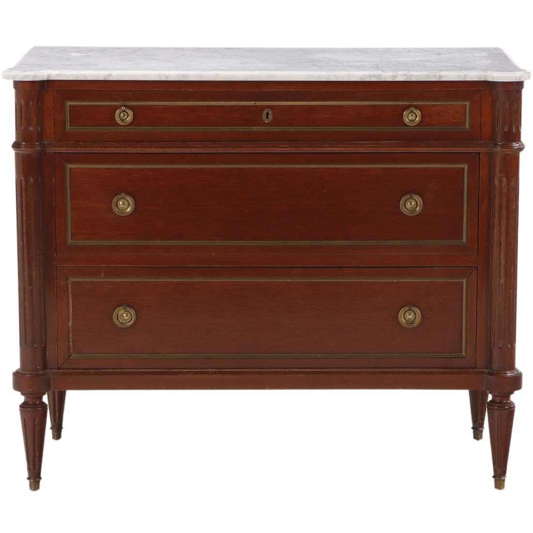 FRENCH LOUIS XVI STYLE MAHOGANY MARBLE TOP DRESSER IN THE LOUIS XVI STYLE C 1950.: French Louis XVI style mahogany marble top dresser in the Louis XVI style C 1950. Ht: 32.5" Wd: 39.75" Dpth: 20.5"