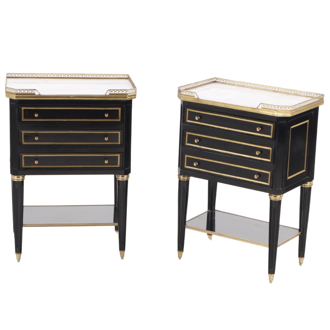 PAIR EBONIZED  MAHOGANY BRONZE MOUNTED LOUIS XVI STYLE MARBLE TOP NIGHT STANDS WITH BRONZE GALLERY (1 of 6)