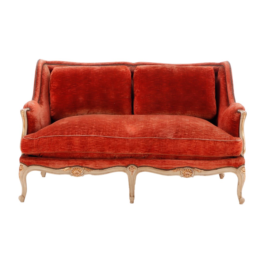 FRENCH LOUIS XV STYLE PAINTED AND GILT SETTEE WITH LOOSE CUSHION SIN THE MANNER OF JANSEN C 1950. (1 of 5)