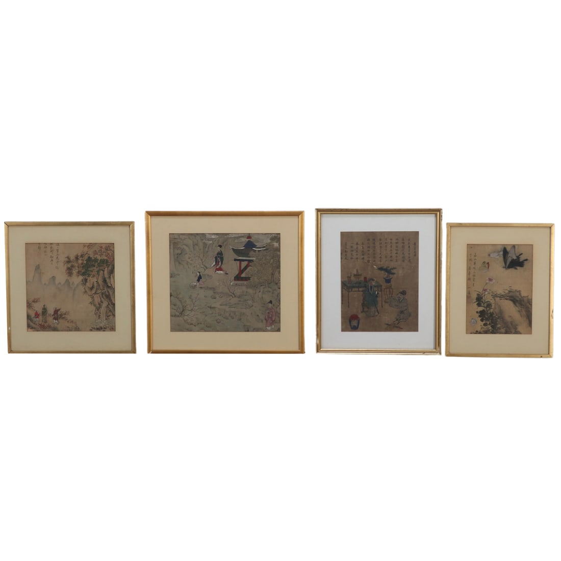 FOUR ANTIQUE ASIAN INK PAINTINGS DEPICTING ASIAN GENRE SCENES AND ONE ON SILK WITH A BUTTERFLY C (1 of 6)