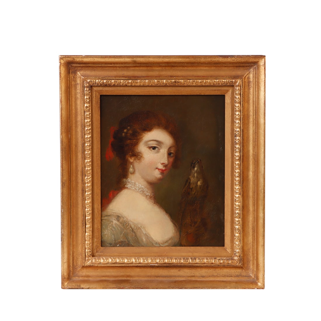 19TH CENTURY PAINTING OF A YOUNG WOMAN HOLDING A BIRD, OIL ON CANVAS, UNSIGNED, MOUNTED IN LATER (1 of 6)