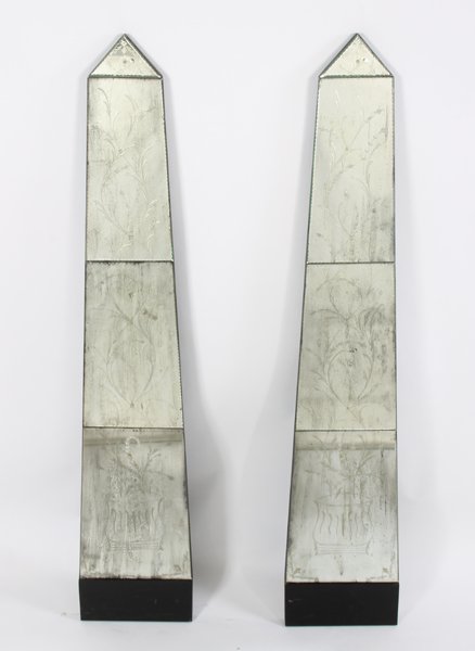 PR VINTAGE STYLE DISTRESSED MIRRORED WALL OBELISK: Pair of vintage style distressed and etched mirror wall hung obelisks. Ht: 7.5" Width: 14"