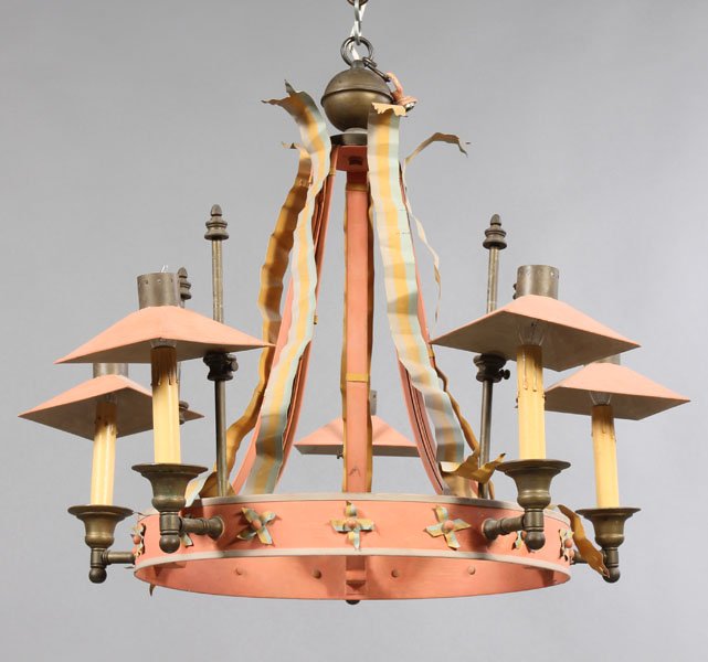 TOLE BRONZE 5 ARM VINTAGE CHANDELIER C.1940: A painted tole and bronze five arm chandelier circa 1940 having cascading ribbon decoration. Ht: 22.5" Width: 28"