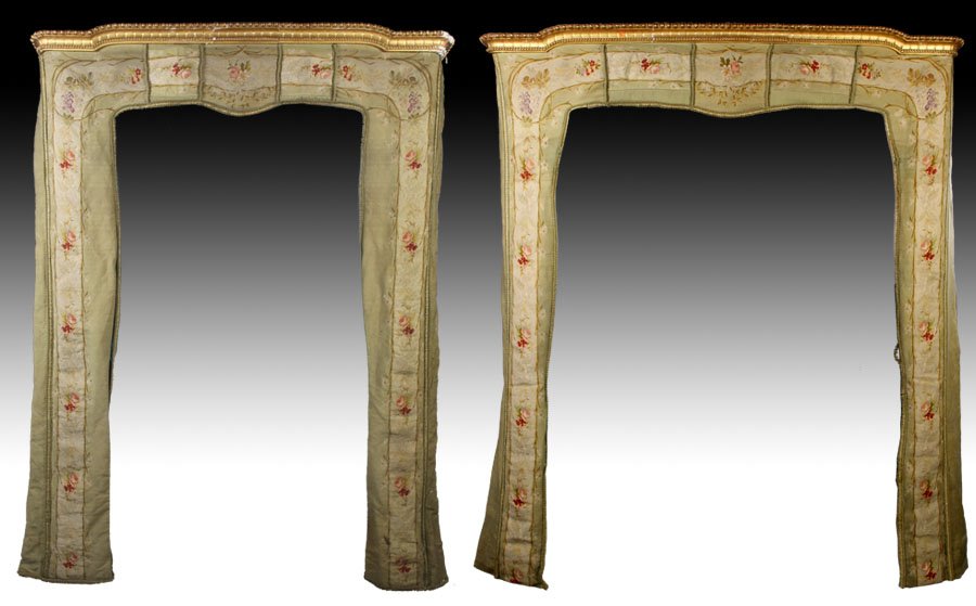 PR ANTIQUE AUBUSSON VALENCES GILTWOOD FRAME: A pair of antique Aubusson valances with giltwood carved frames supporting a central panel. All with elegant floral and leaf decoration. Nineteenth century. Ht: 100" Width: 83"