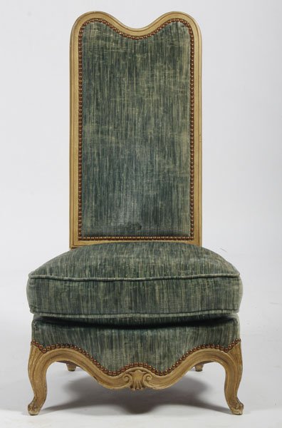JANSEN SLIPPER CHAIR PAINT DECORATED FRAME: Jansen slipper chair circa 1900. The paint decorated frame having a reverse serpentine crest and rising on cabriole legs. Ht: 37" Width: 20"