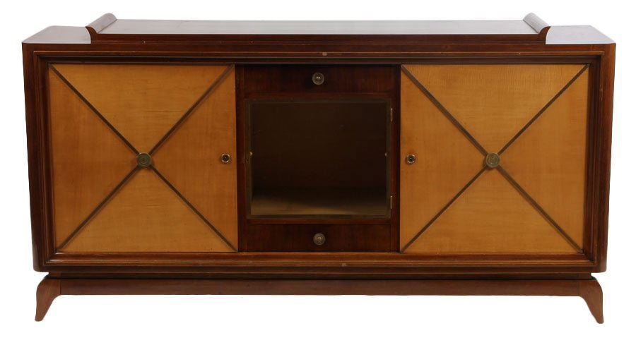 ANDRE ARBUS STYLE SIDEBOARD FIGURED MAPLE BRONZE: A good Andre Arbus style mahogany and sycamore sideboard having stepped top over two figured maple and bronze mounted doors circa 1940. The doors flanking a central glass front door and two drawers, a
