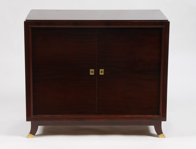 ANDRE ARBUS STYLE CABINET 2 DOORS ESCUTCHEONS: A very good Andre Arbus style cabinet having two doors with elegant escutcheons raised on splayed legs with bronze sabots circa 1940. Ht: 34.5" Width: 39.5" Depth: 20"