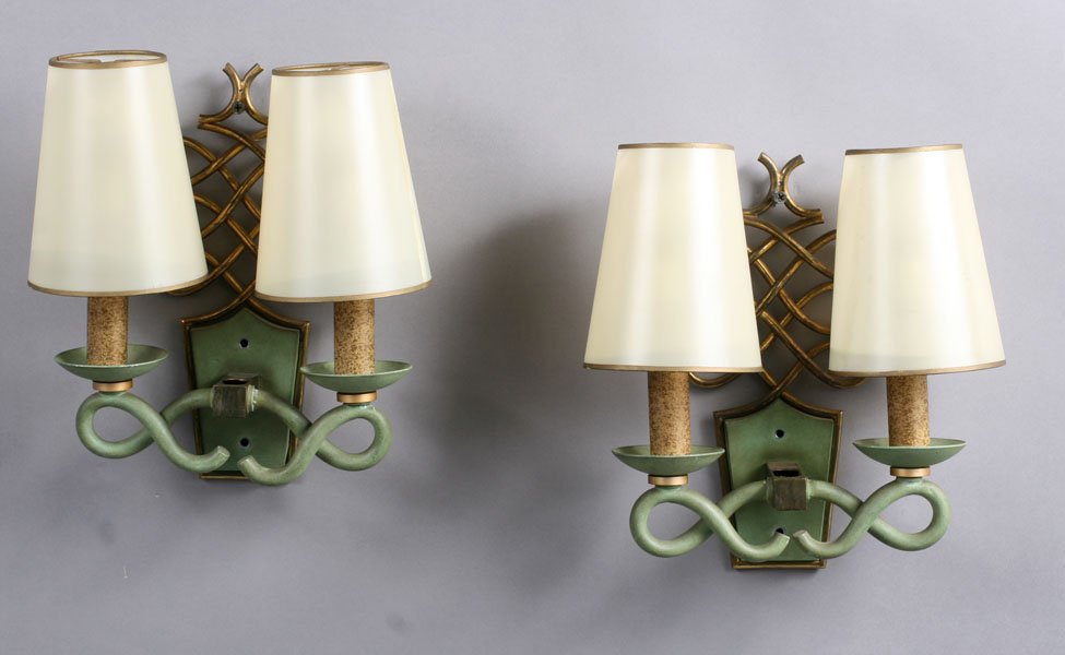 PR 2-LIGHT SCONCES C.1940 RENE PROU STYLE: Pair of two light sconces in the style of Rene Prou circa 1940. With shades: 10"D. Ht: 10.5" Width: 9" Depth: 5"