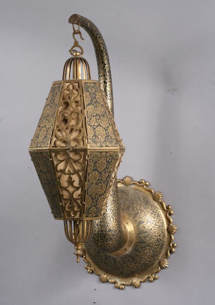 ECCLECTIC STYLE MIDDLE EASTERN WALL SCONCE: Ecclectic style mid century Middle Eastern brass and Niello hanging electric wall sconce. Ht: 29" Width: 12" Depth: 14"