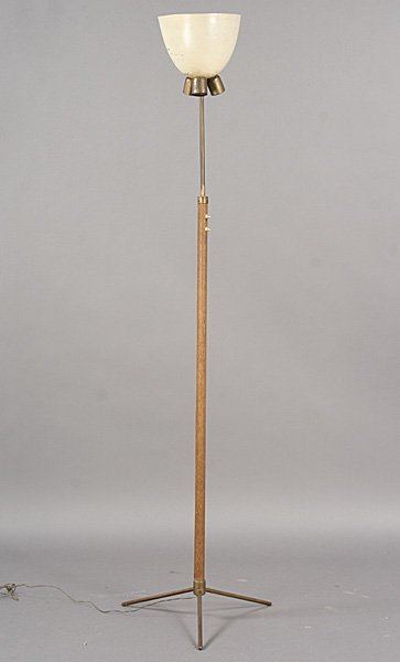 ADNET STYLE FLOOR LAMP TRIPOD LEGS: Jacques Adnet style standing floor lamp having faux leather covered post and tripod base circa 1960. Dimensions: Ht.73"