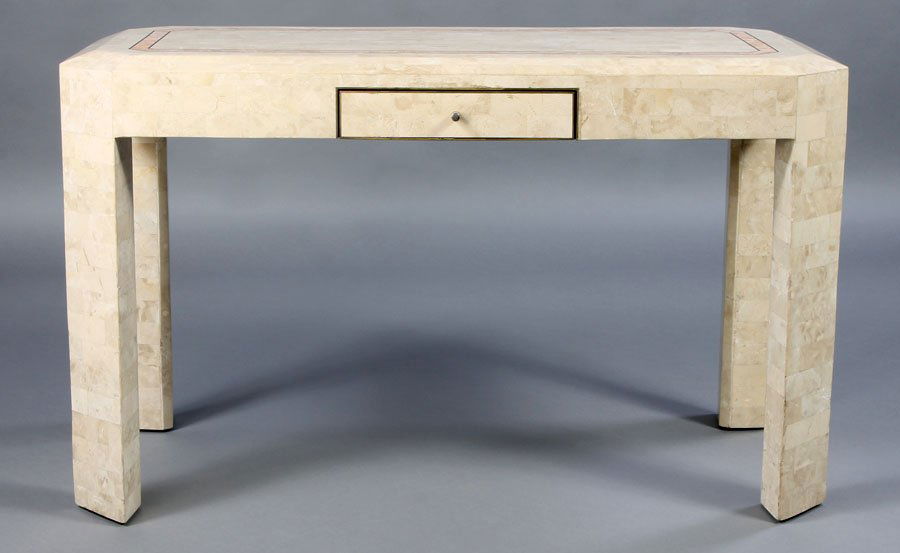 KARL SPRINGER TESSELLATED CONSOLE TABLE: A Karl Springer style tessellated console having banded octagonal top over a single drawer supported on triangular legs. Ht: 31" Width: 51" Depth: 24"