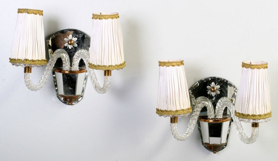 PR MIRROR GLASS TWO ARM WALL SCONCES C.1940: Pair of mirrored and glass double arm wall sconces having engraved foliate designs and twisted glass arms circa 1940. Ht: 10" Width: 11" Depth: 6"