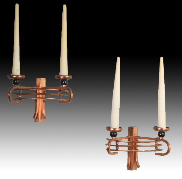 PR 60S 2-ARM ROUND COPPER GLASS SCONCES LIGHTING: Pair of Art Deco two arm banded circular wall sconces in copper with frosted glass taper shades circa 1960. Ht: 19" Width: 10" Depth: 8"